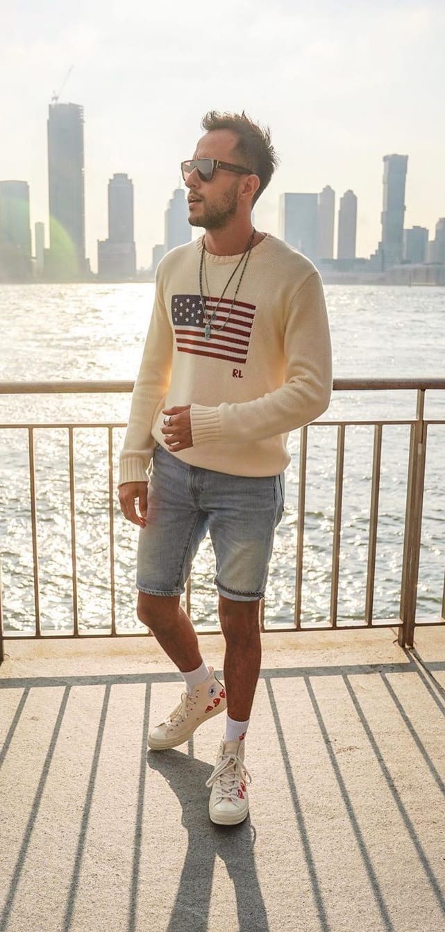 Sweatshirt,Denim Shorts and Funky Shoes and Socks- OOTD FOR MEN