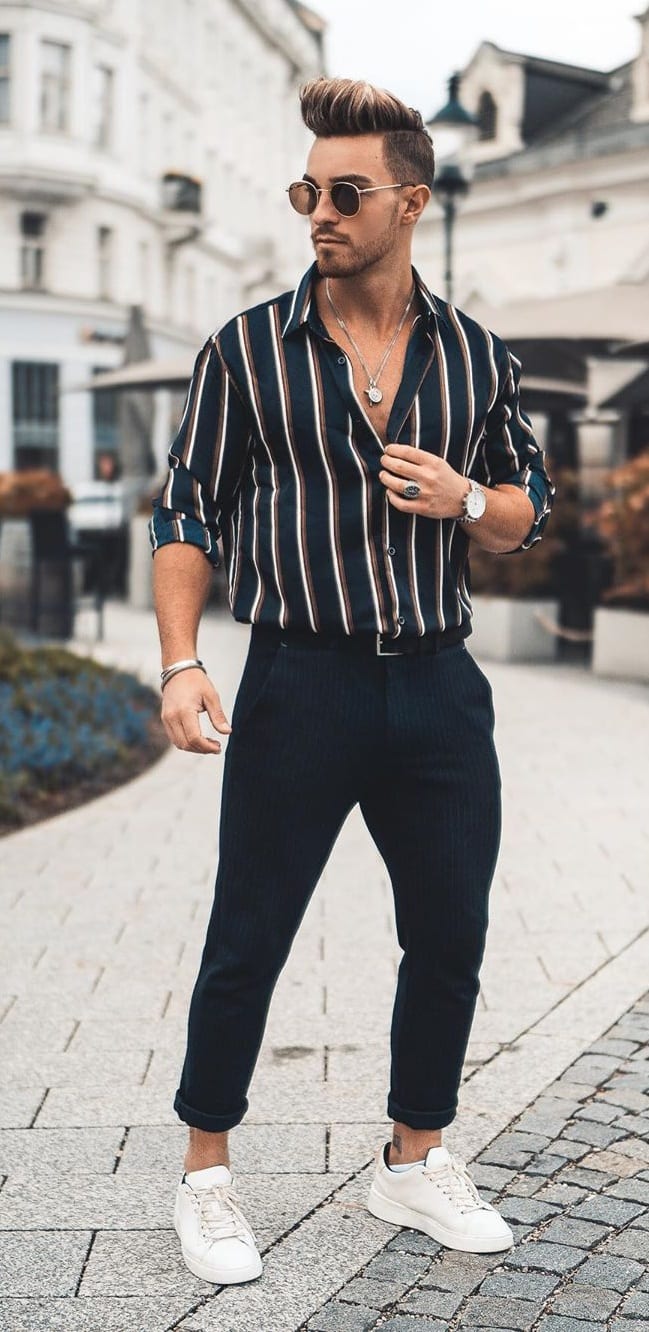 Turquoise Blue And White Vertical Striped Shirt Outfit