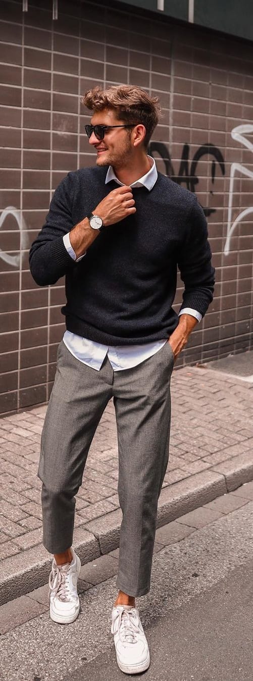 Round Neck Sweater,White Collared Undershirt, Grey Chinos and White Sneakers- OOTD for men