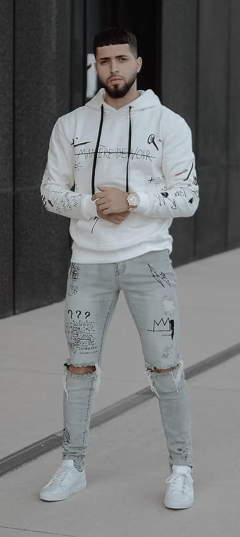 White Graffiti Hoodie and Grey Denims Outfit