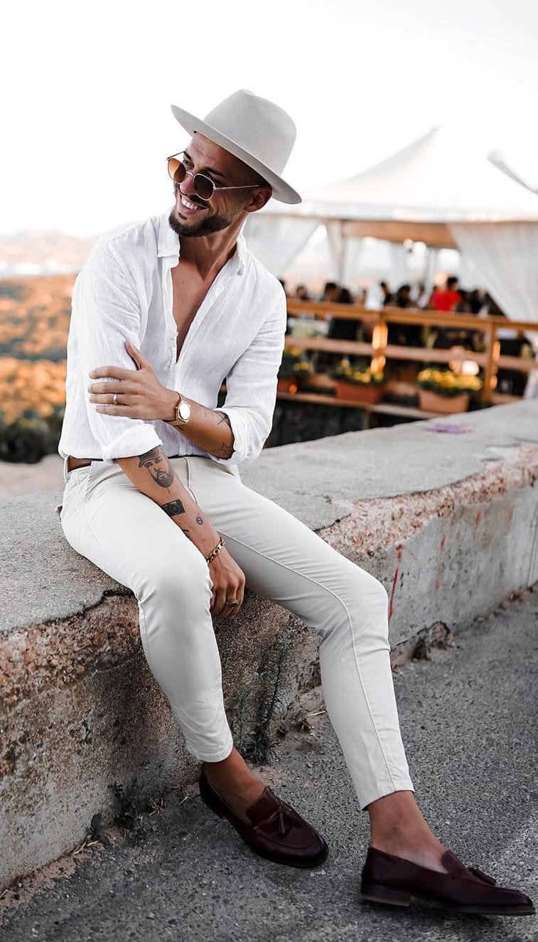 Linen Shirt, White Chinos, White Hat and Sunglasses- OOTD for men