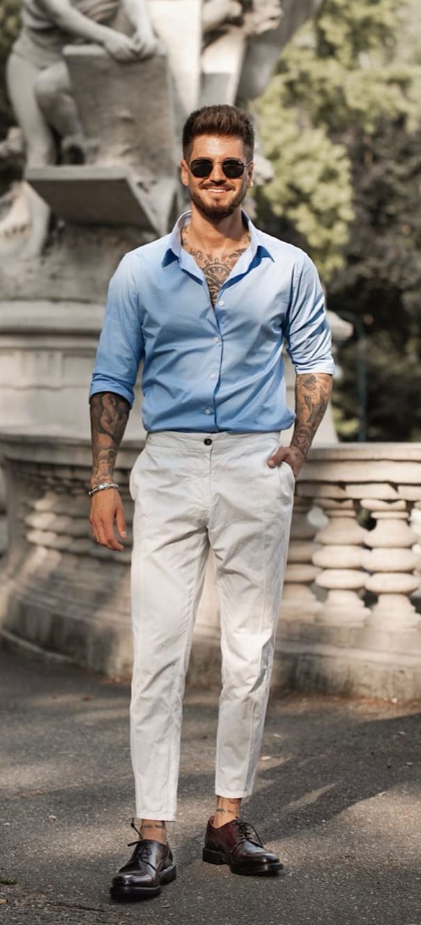 White Pants, Pastel Blue Shirt Outfit for men