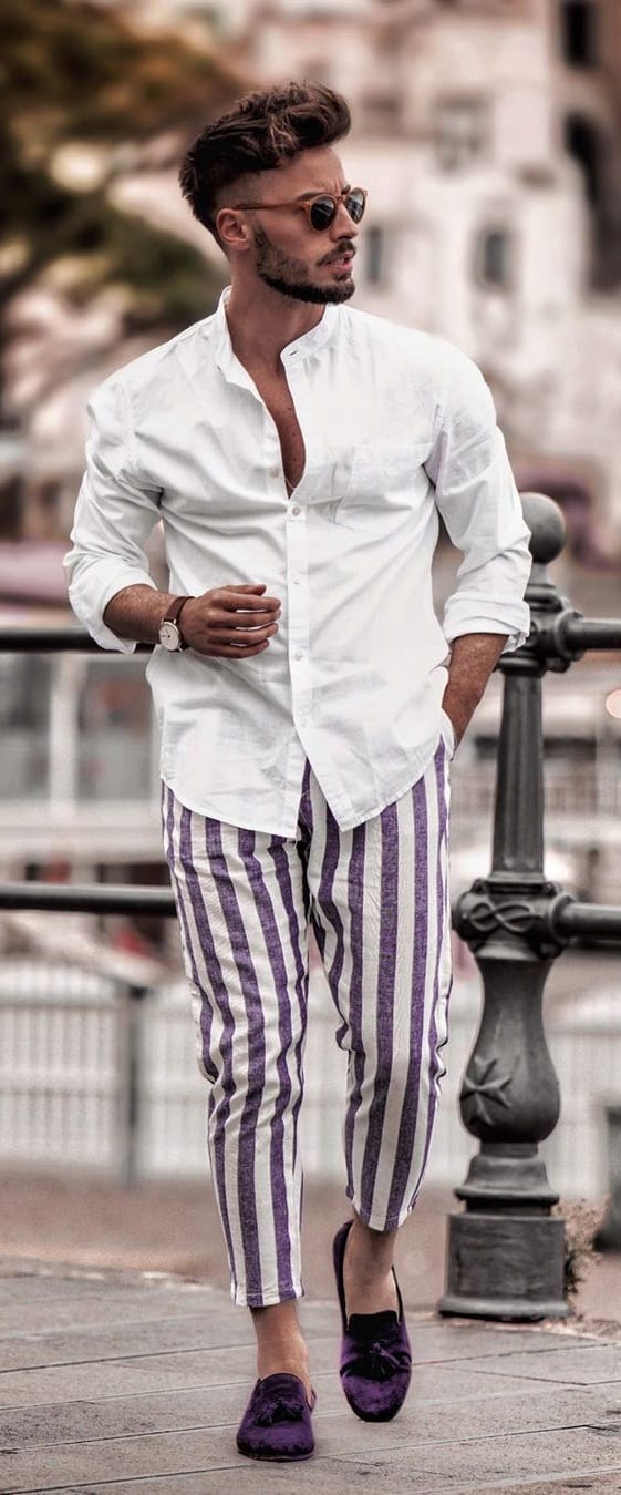 Striped Trousers,White Shirt, Purple Loafers and Sunglasses- OOTD for men