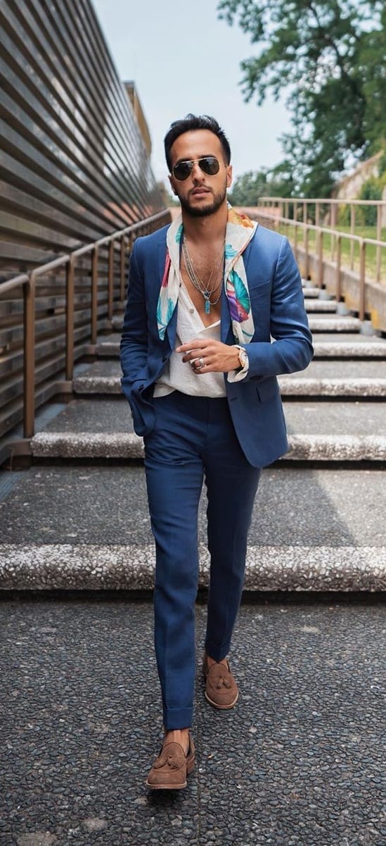 White T shirt, Scarf and Blue suit outfit ideas for men