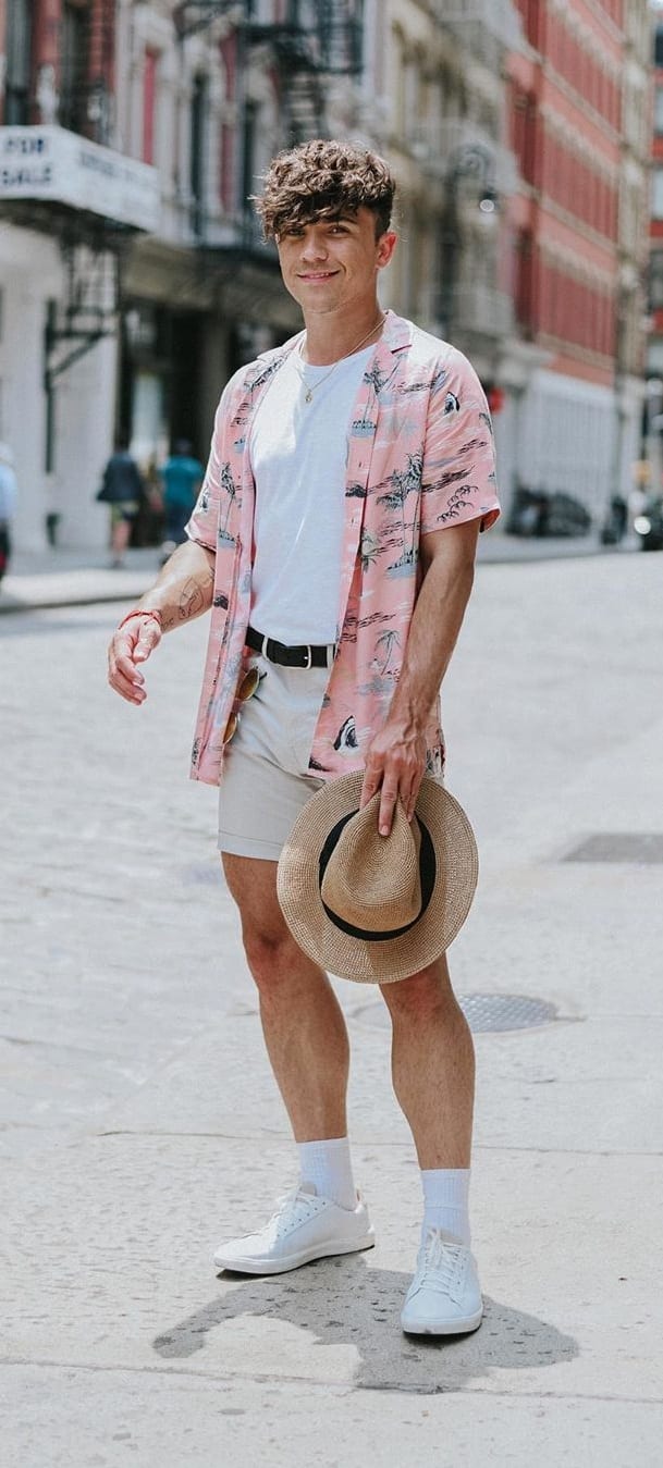 White Undershirt, Pastel Pink Printed Shirt and Shorts Outfit for men