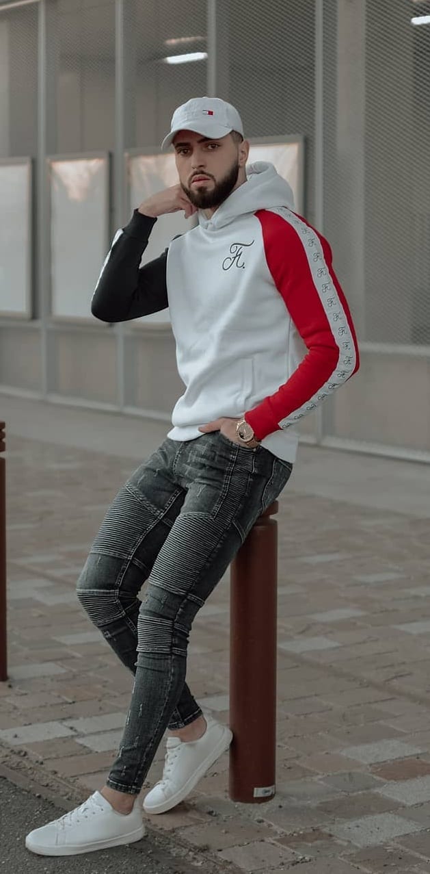 White,Black and Red Hoodie, Denims and Cap Outfit