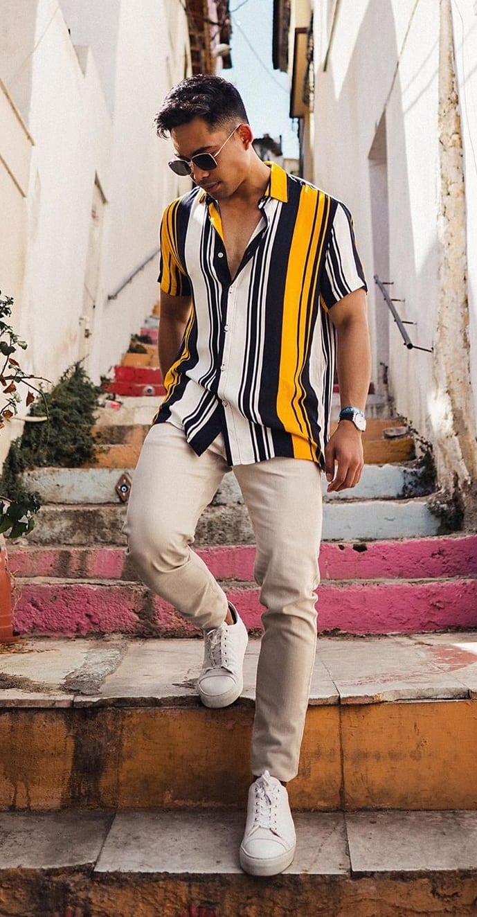 Yellow Black and White Vertical Striped Shirt Outfit