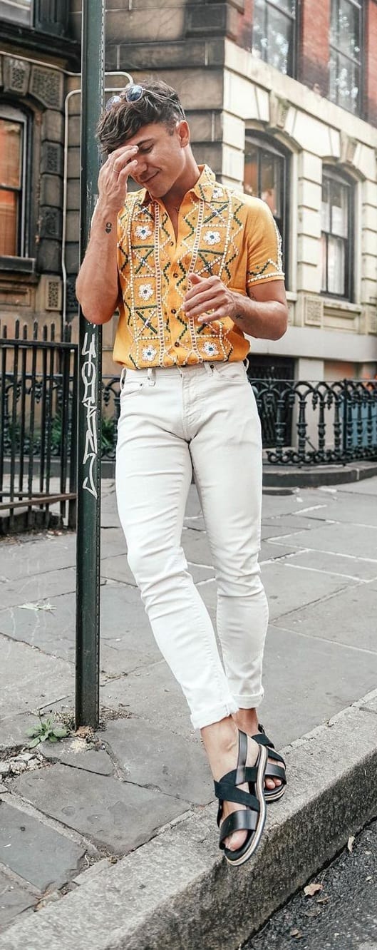 Yellow Embroidered Shirt, White Pant and Shoes- OOTD for men