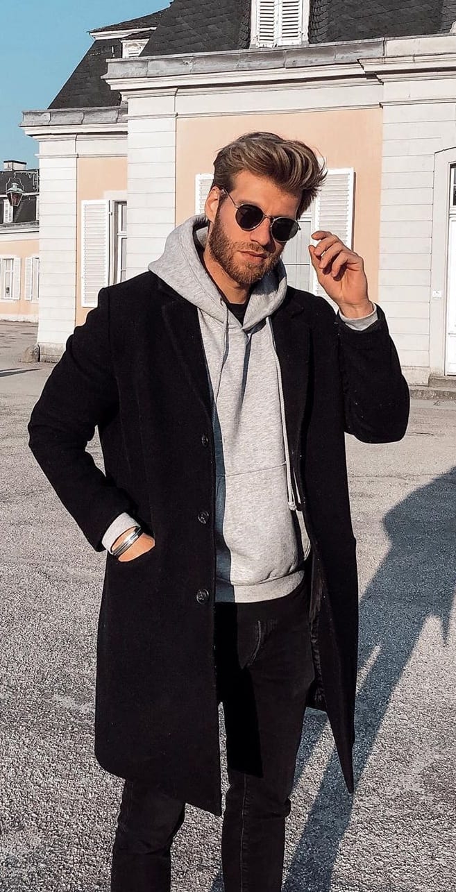Black Overcoat, Hoodie and Tee Outfit
