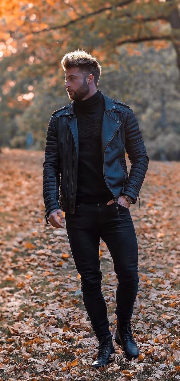 Black outfit for men to wear in autumn