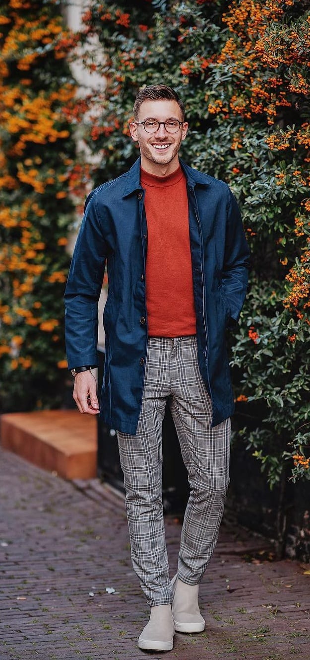 Blue Jacket, Red Turtleneck Shirt and Plaid Trousers Outfit idea for Autumn