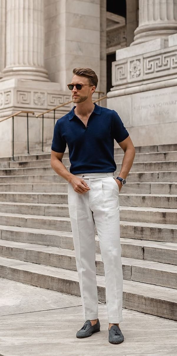 Blue Polo Neck Shirt and Chinos Smart Casual Outfit Ideas