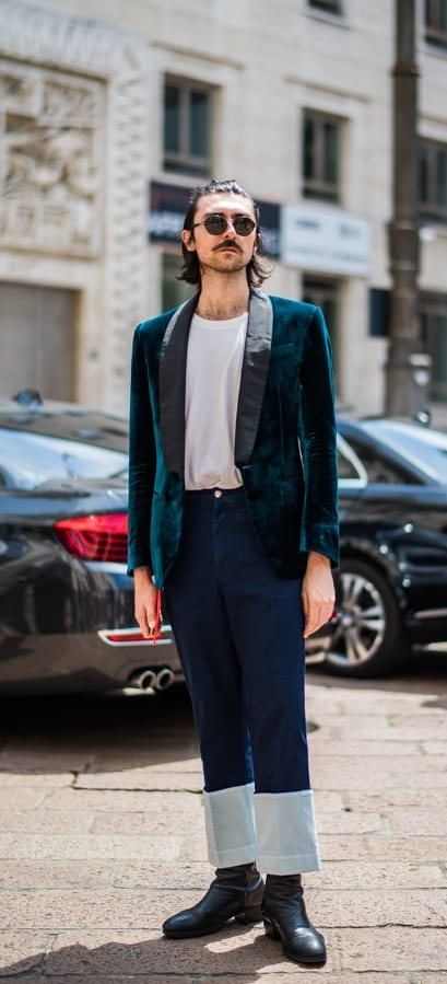 Street Style Blue Velvet Blazer