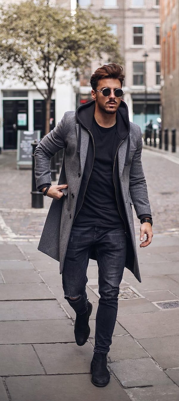 Grey Overcoat, hoodie and undershirt for men's autumn outfit