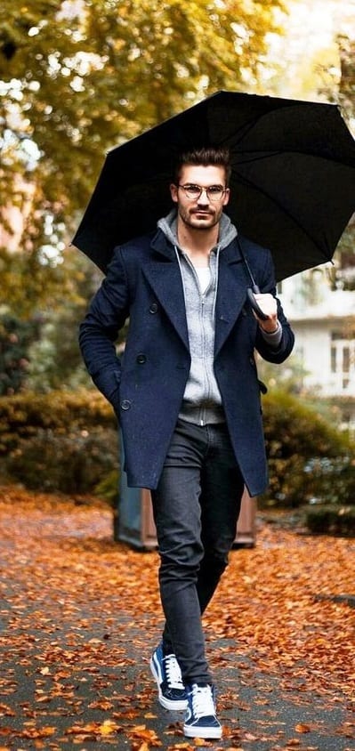 Hoodie, Overcoat, Jeans Outfit with an umbrella for Fall