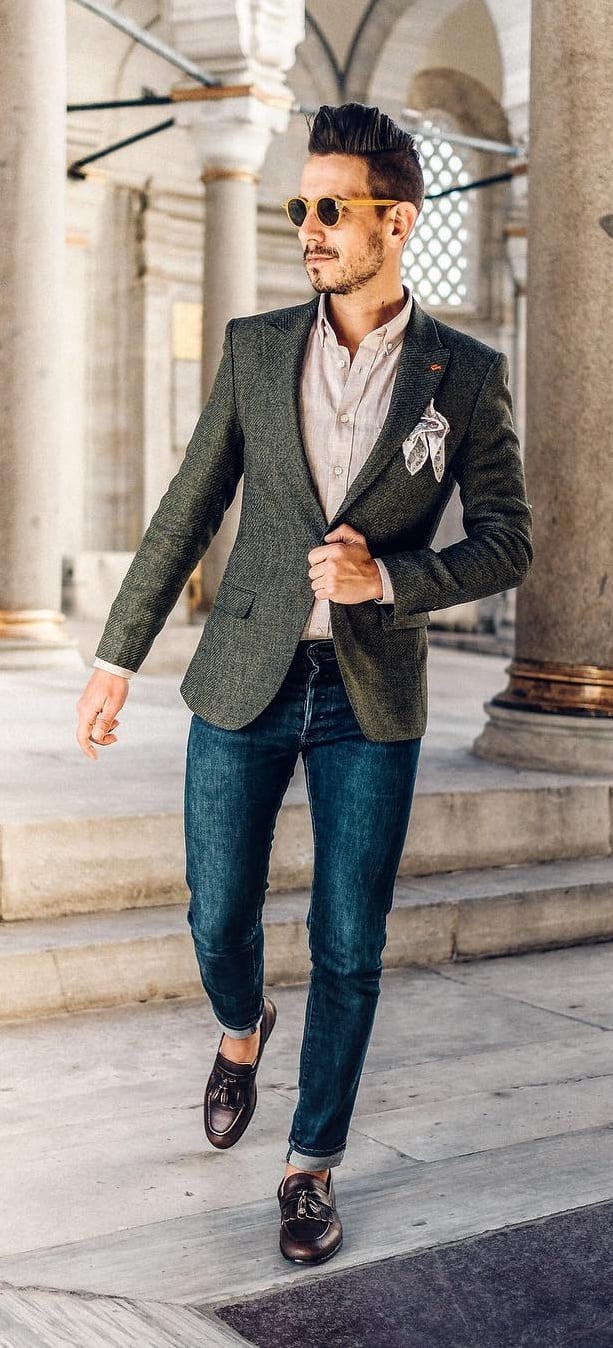 Linen Shirt, Blazer and Dark Washed Jeans for Smart Casuals