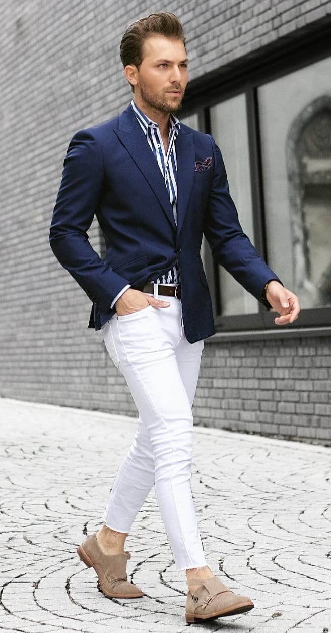 Monk Straps, Chinos, Blazer and Striped Shirt Outfit for Men