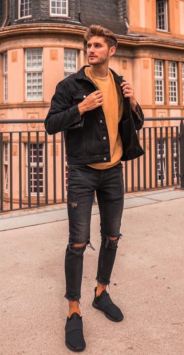 Mustard Sweatshirt,Denim Jacket and Denim jeans Outfit for fall