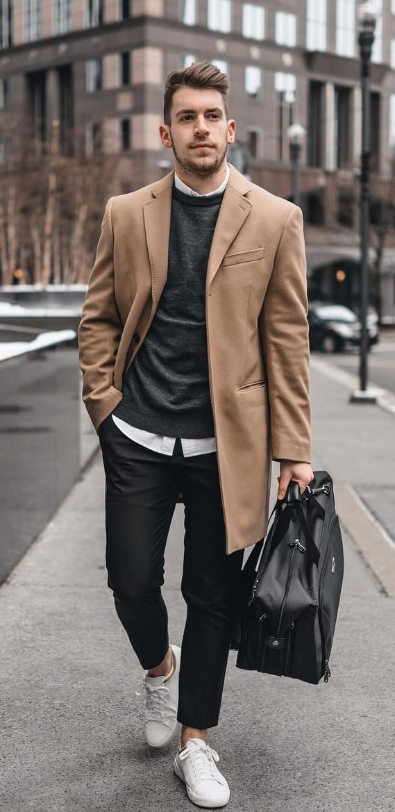 Overcoat, Sweater, Shirt and Trousers Outfit
