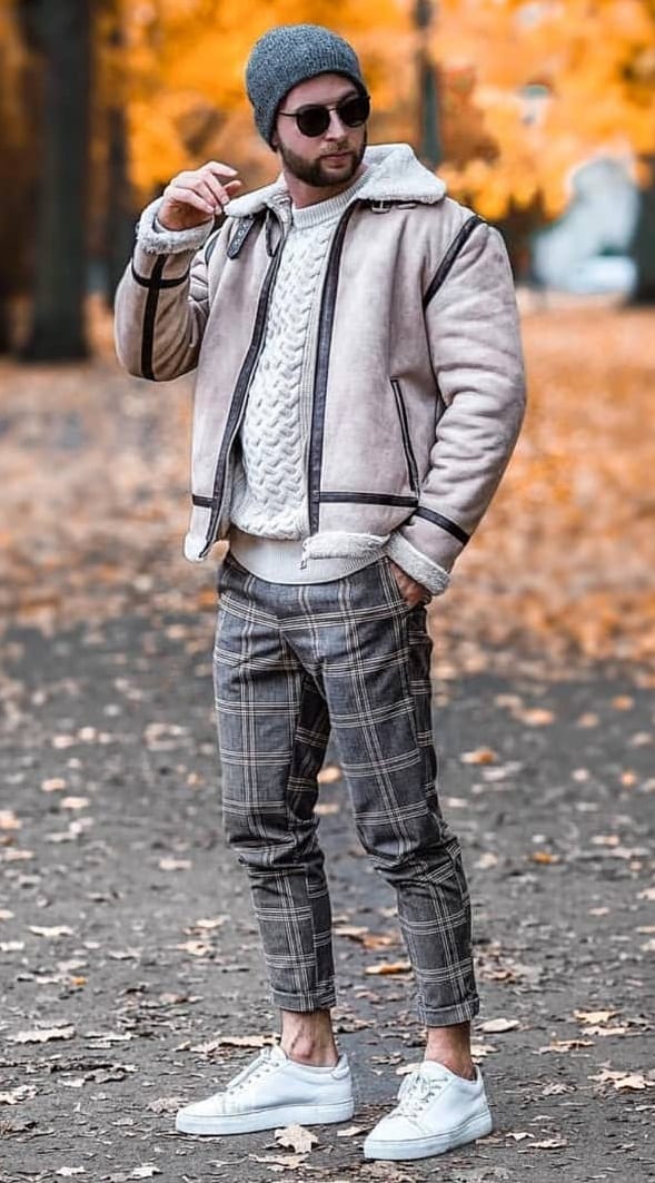 Plaid Trousers, Jacket and Sweatshirt look for fall