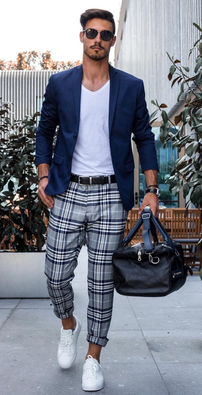 Plaid Trousers, White tee, Blazer and Sneakers