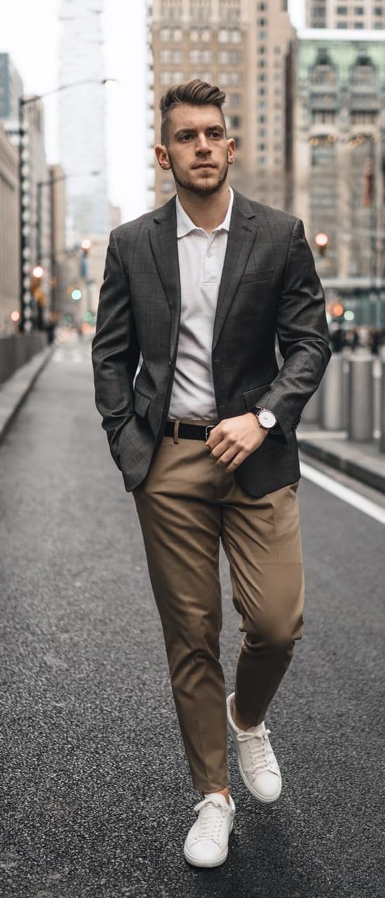 Polo Shirt, Chinos and Blazer with Sneakers Outfit for men