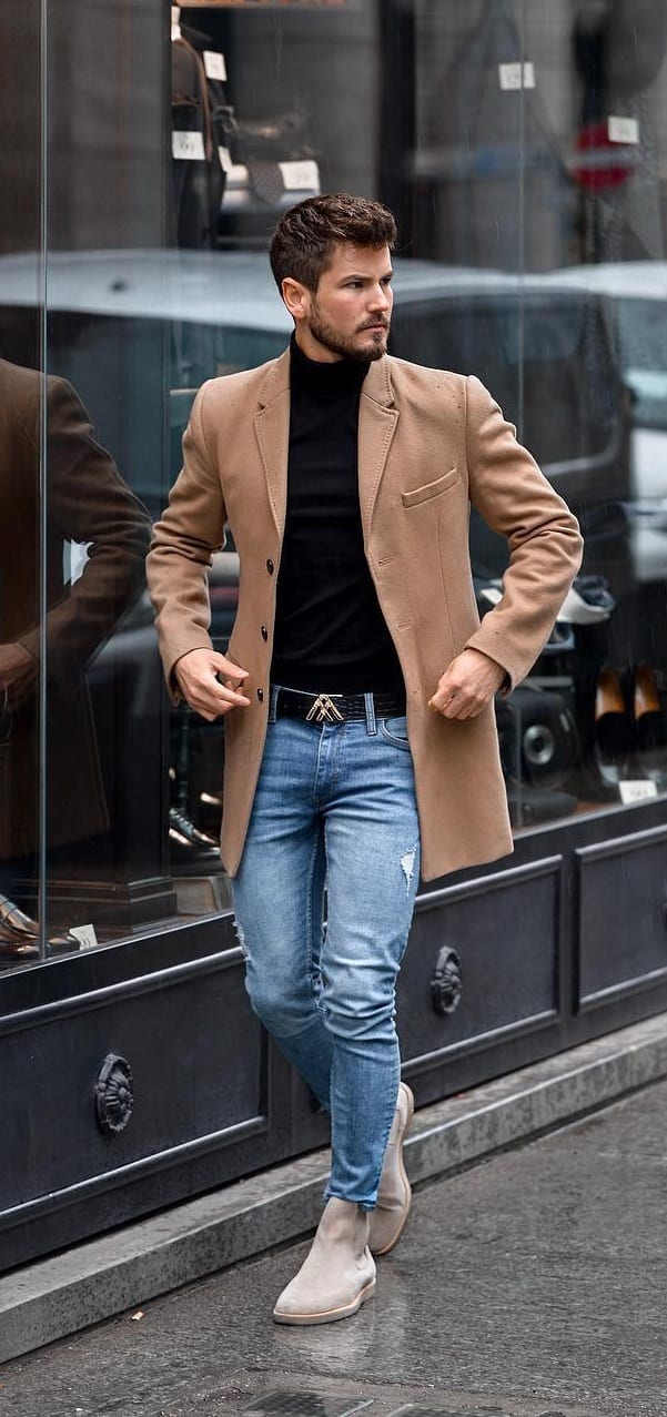 Turtleneck T shirt, Overcoat, Jeans and Boots