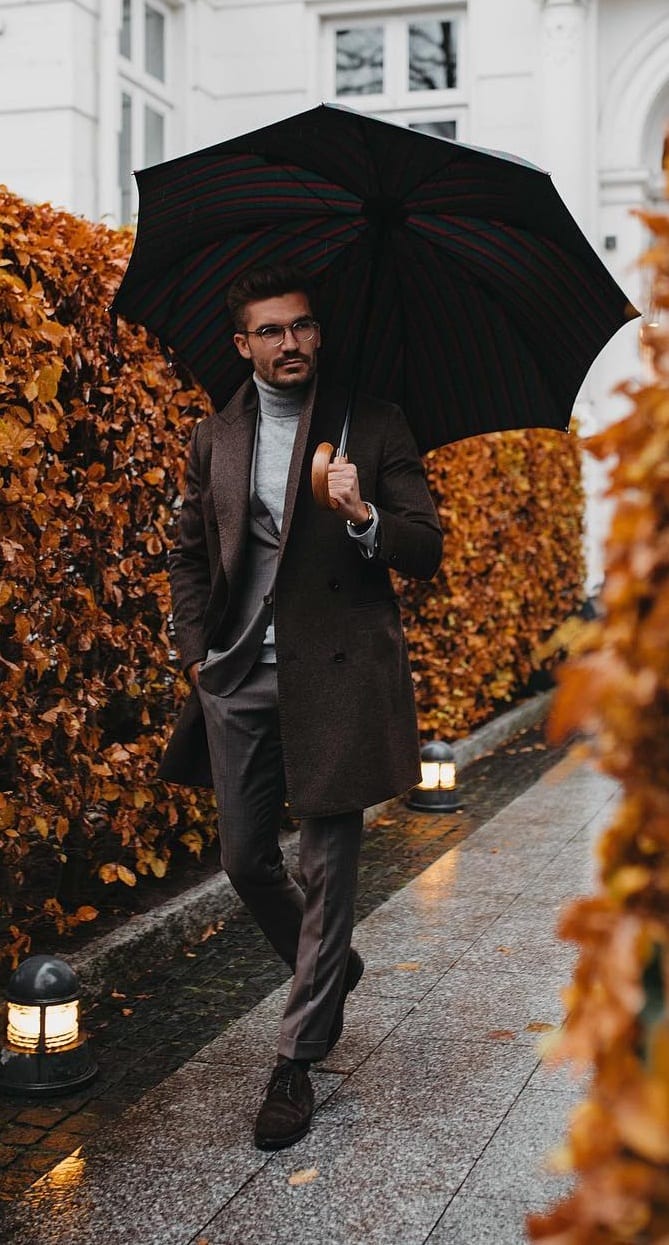 Turtleneck and Overcoat Outfit along with an umbrella for fall season