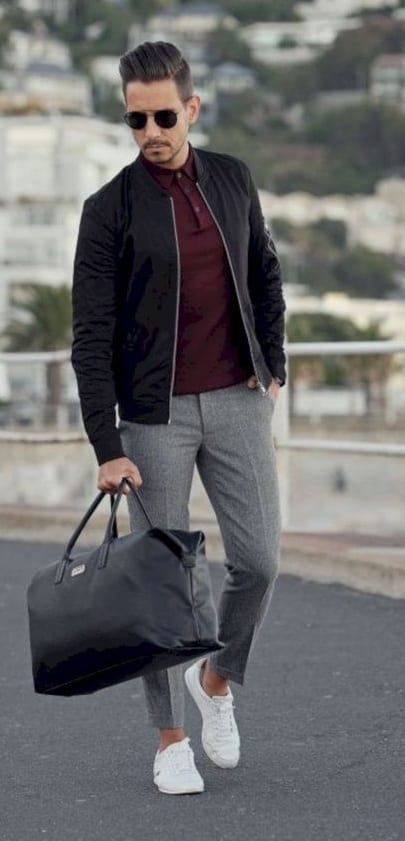 Black Bomber Jacket , Grey Chinos Outfit for men