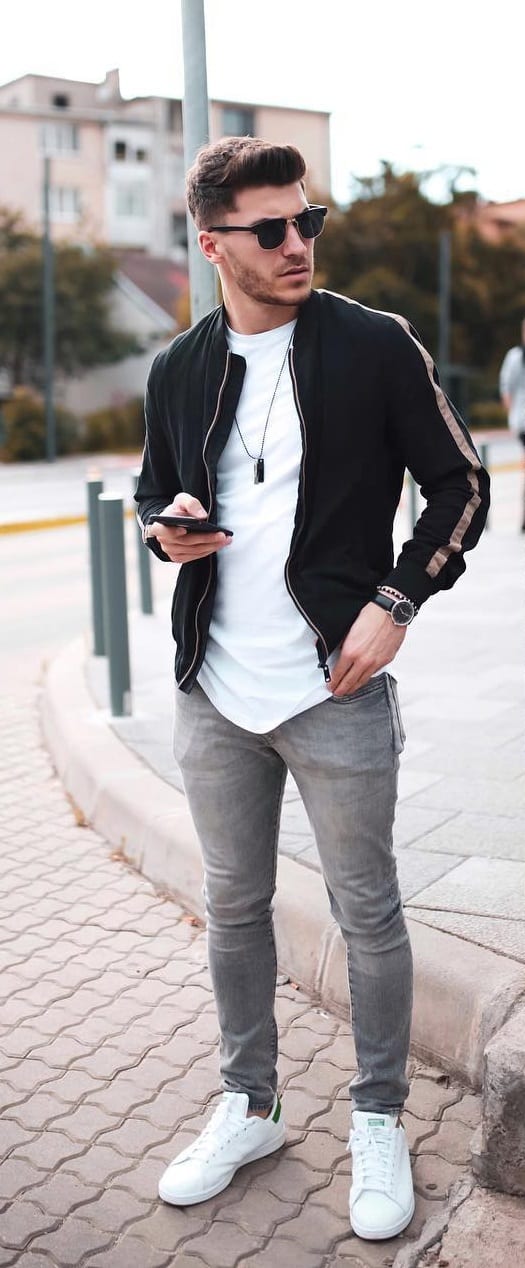 Black Bomber With Grey Denims outfit for men