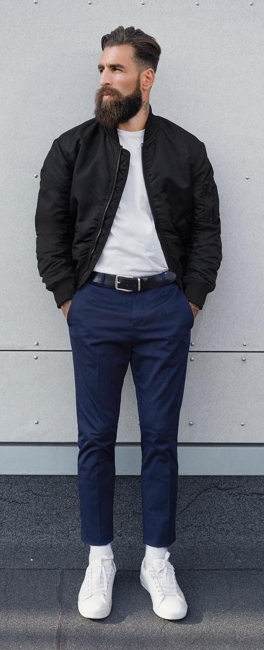 Black Bomber with Blue Chinos Outfit for Men