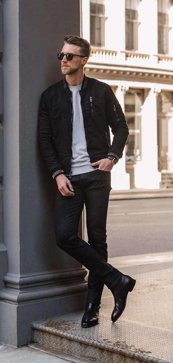 Black Bomber,Black Denim Outfit for men