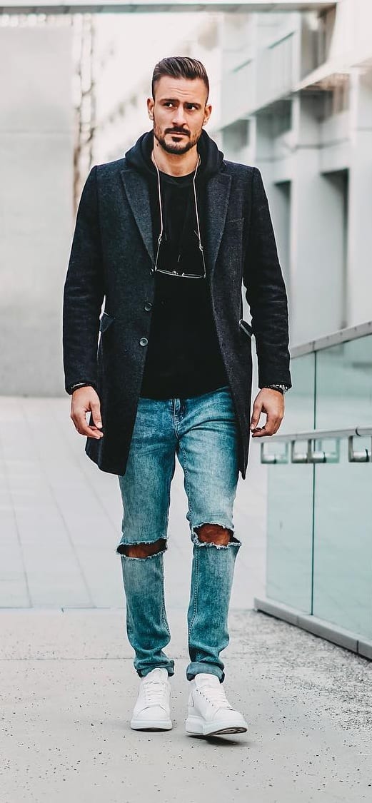 Black T shirt, Overcoat and Denim Outfit