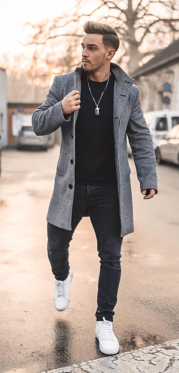 Black Tshirt, Black jeans and Overcoat Outfit for Men