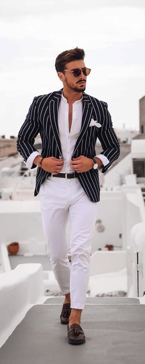 Black and White Stripped Blazer Outfit for men