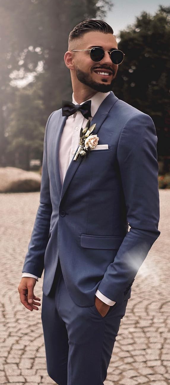 Blue Suit, White Shirt,Bow tie and lapel flower