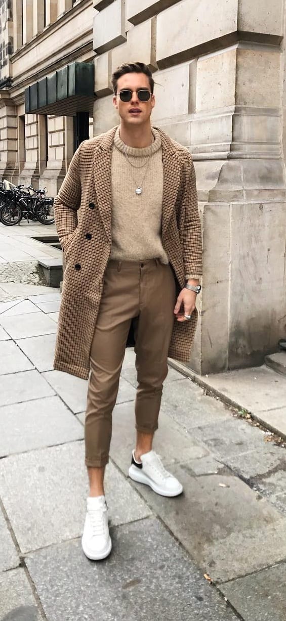 Brown Checkered Overcoat, Chinos and Round Neck Outfit for Men