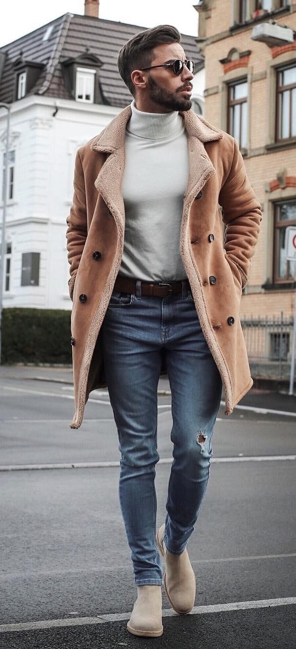 Brown Overcoat,Round Neck and Denims