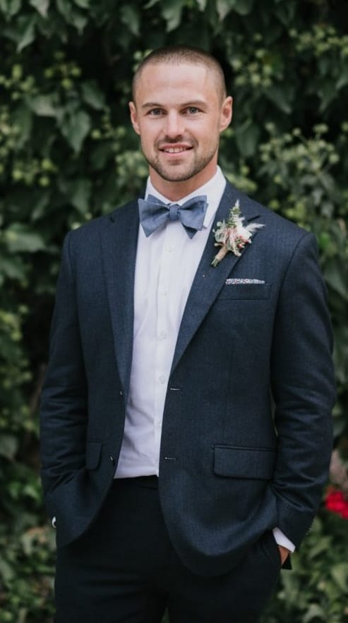 Cute Bow Tie, Pocket Square, Blue Suit Outfit for Groom
