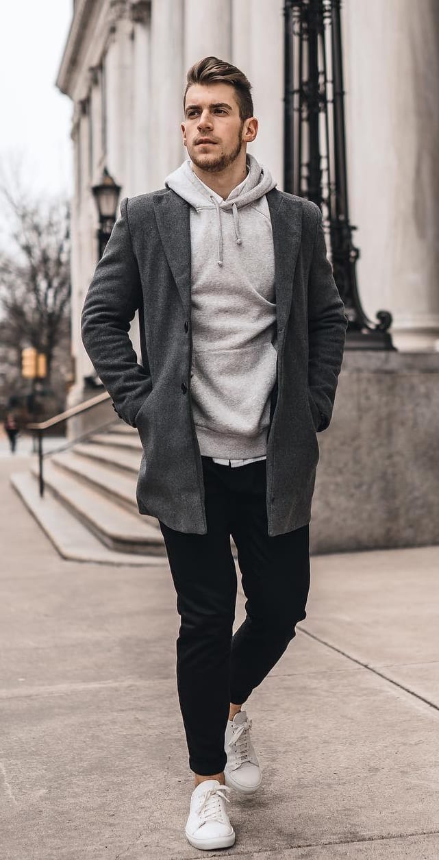 Grey Hoodie with Charcoal Overcoat Outfit for Men