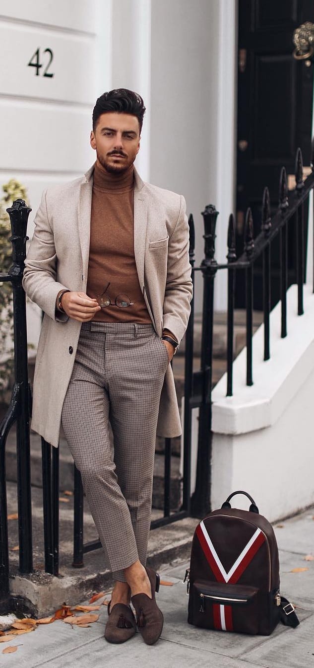 Mens Overcoat, Camel brown Sweater and Trouser Outfit