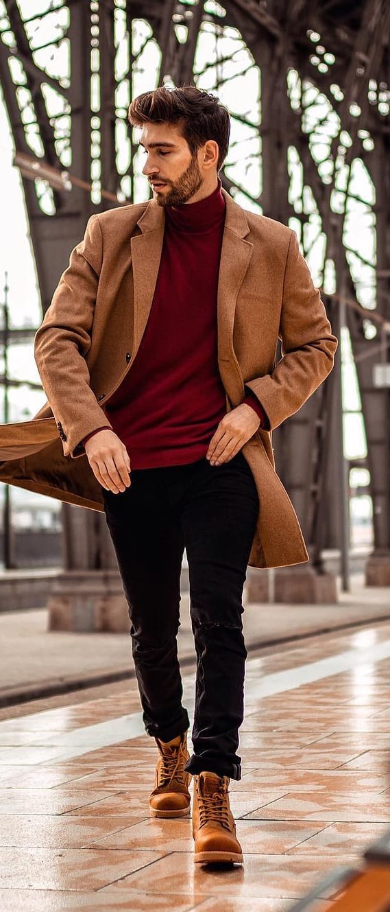 Mustard Yellow Coat, Red Round Neck Sweater and Jeans Outfit for men