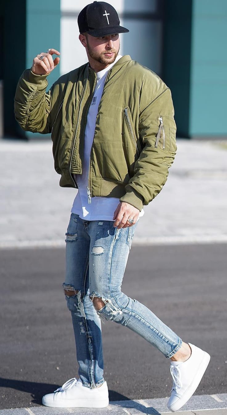 Olive Green Bomber jacket with Blue Ripped Denim Outfit for men