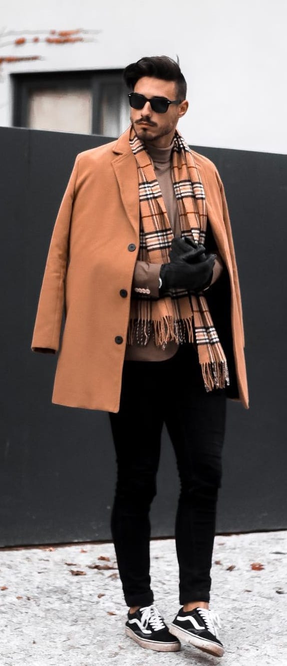 Orange Overcoat, Plaid Scarf for the Winter Look
