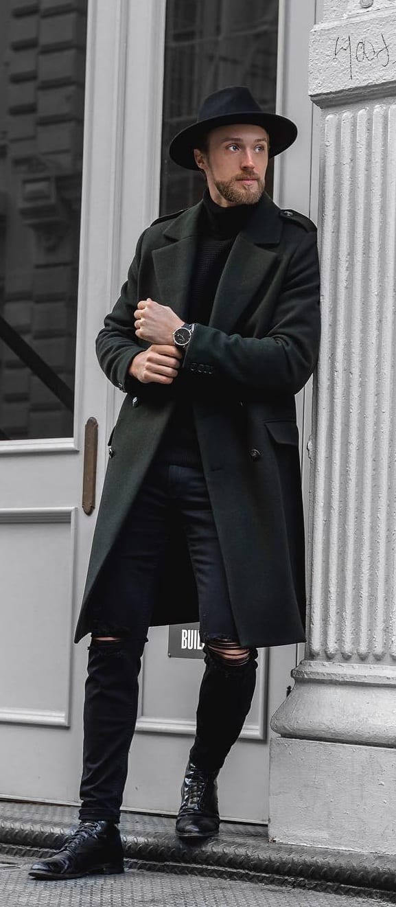 Overcoat,Ripped Denim and Hat- A complete Fall Outfit for Men
