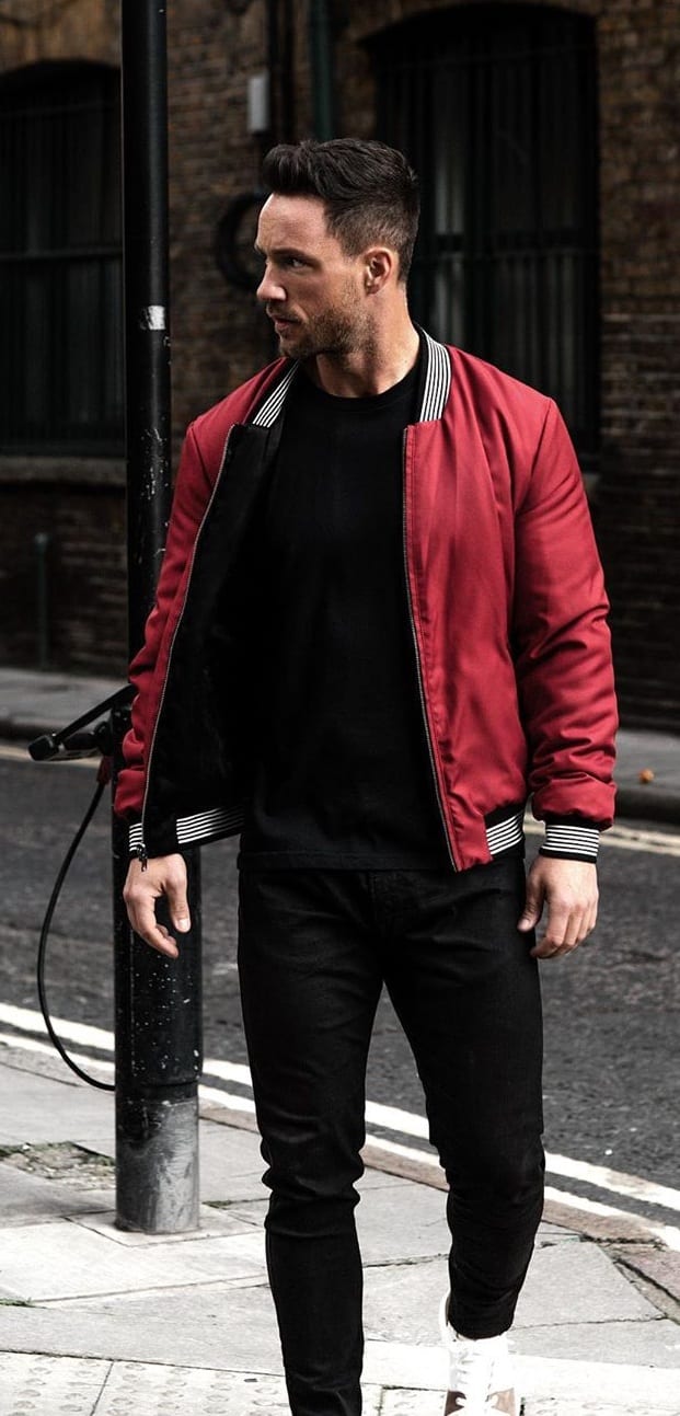 Rustic Red Bomber Jacket with Black Denims for Men