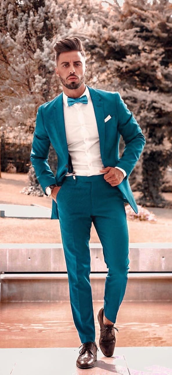 Turquoise Blue Suit, White Shirt and A Bow Tie