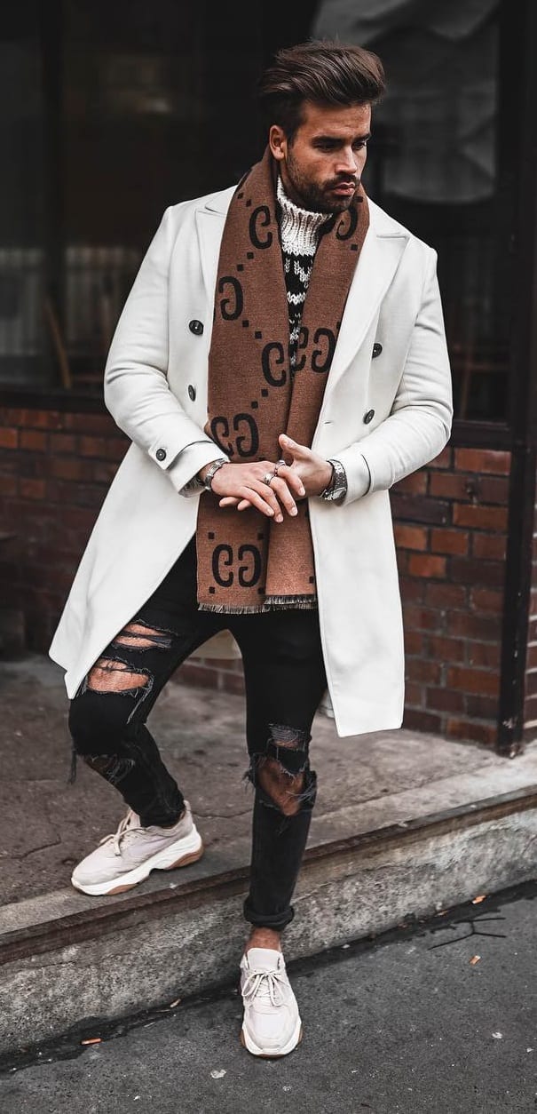 White Overcoat,Scarf and Ripped denim Outfit for men