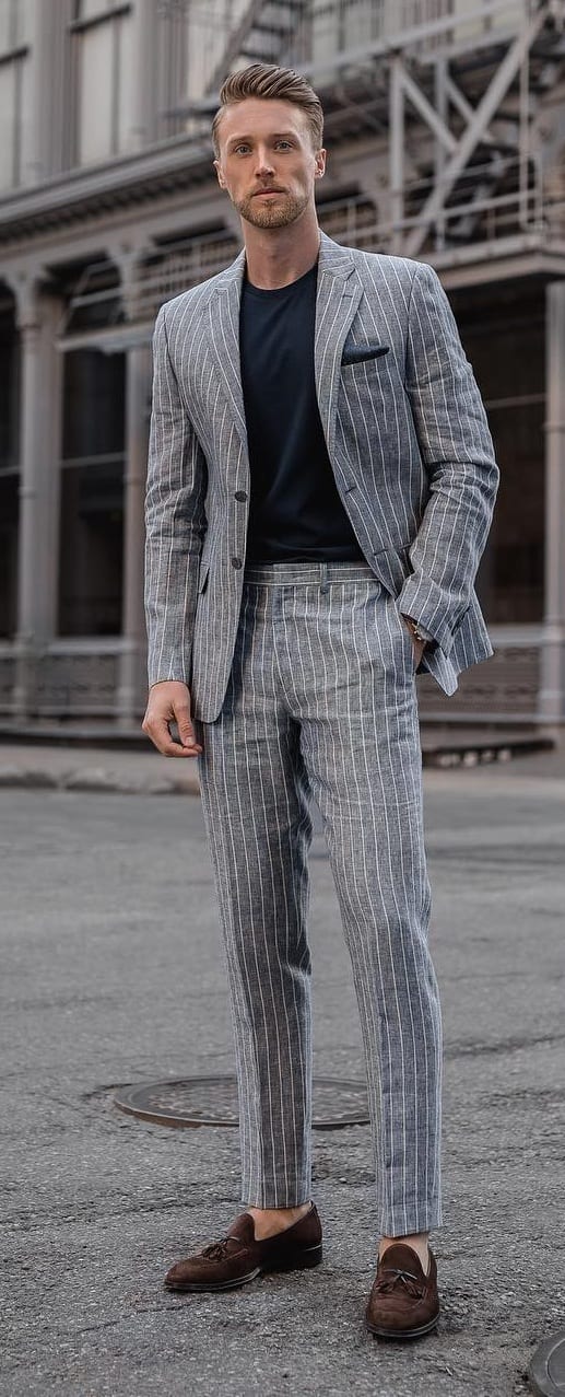 Grey Linen Striped Suit Outfit for men