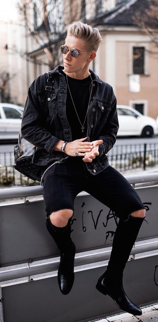 Black-Denim-Jacket -Black-T-shirt-Black-Ripped-Denim